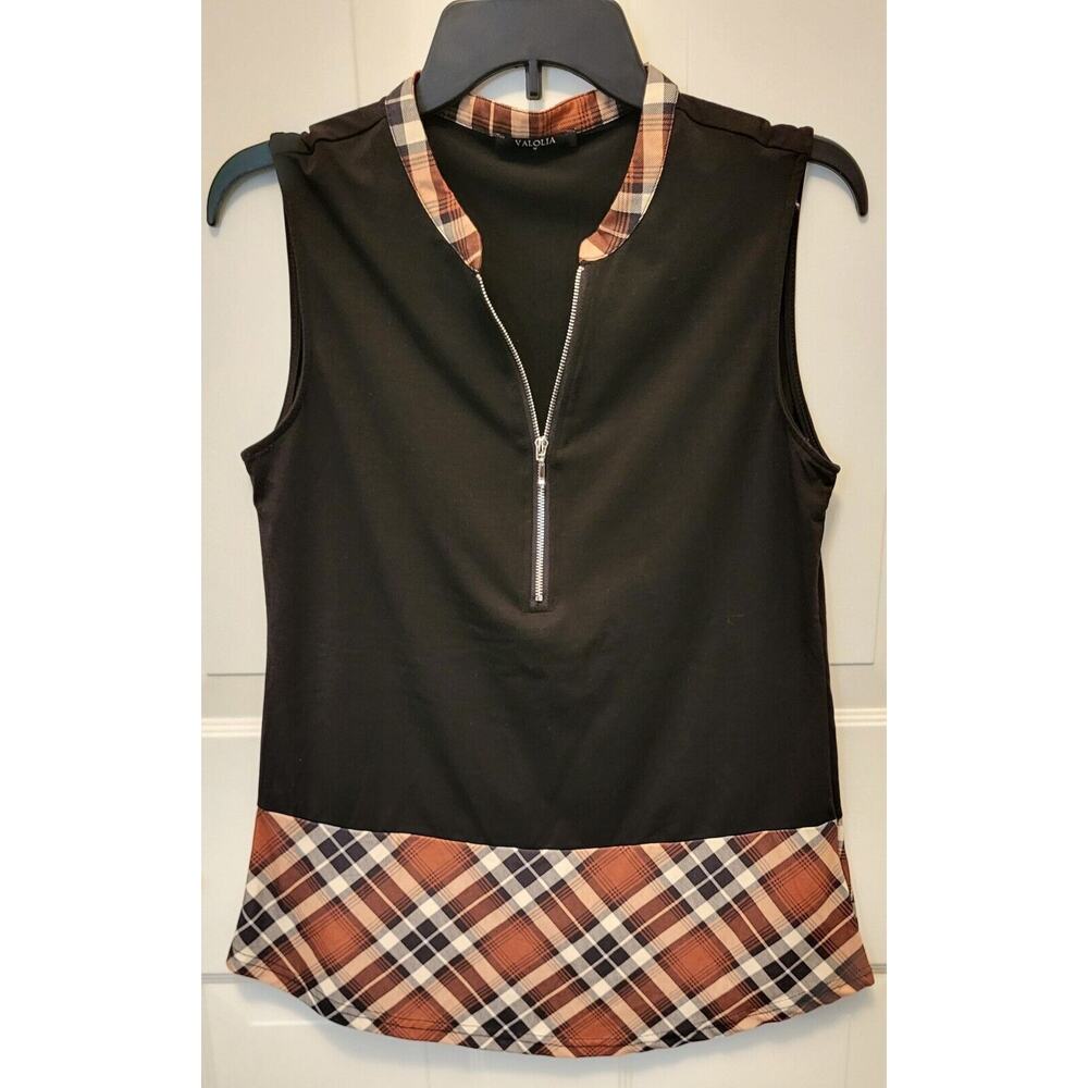 Valolia Women's Size Medium Black and Brown Plaid Sleeveless Shirt 1/4 Zip